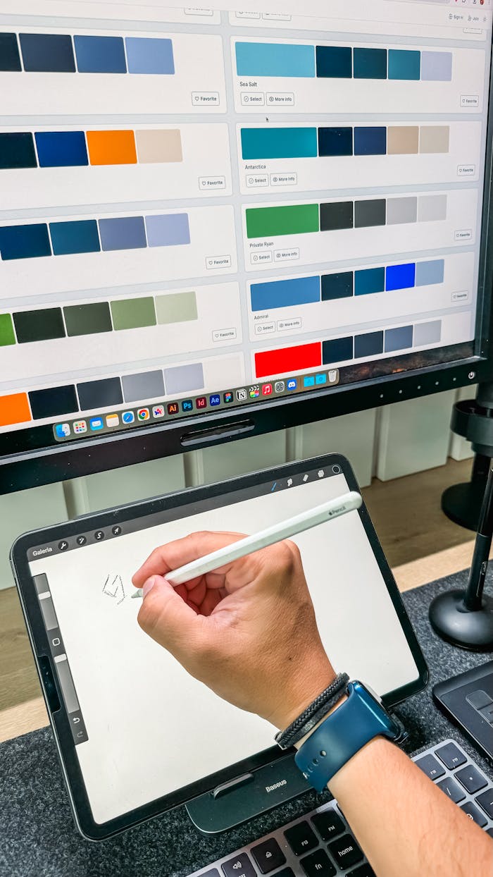 gallery-1 A digital designer uses a stylus to create sketches on a tablet with color palettes displayed on a monitor.